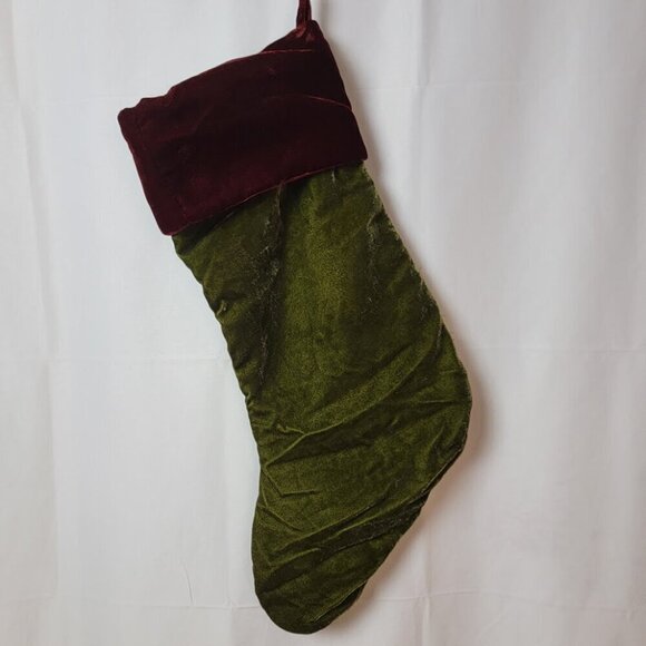 Pottery Barn Velvet Christmas Stocking - Dark Red Cuff, Green Stocking - Picture 3 of 4